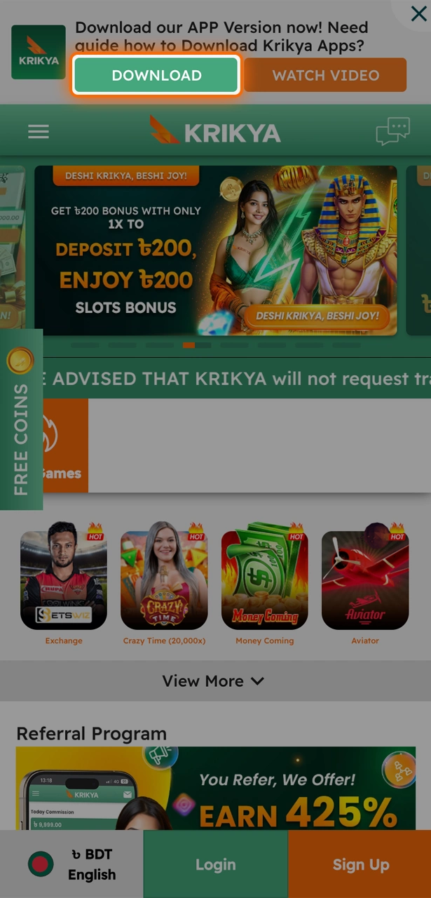 Click the Download button on Krikya and start the download.