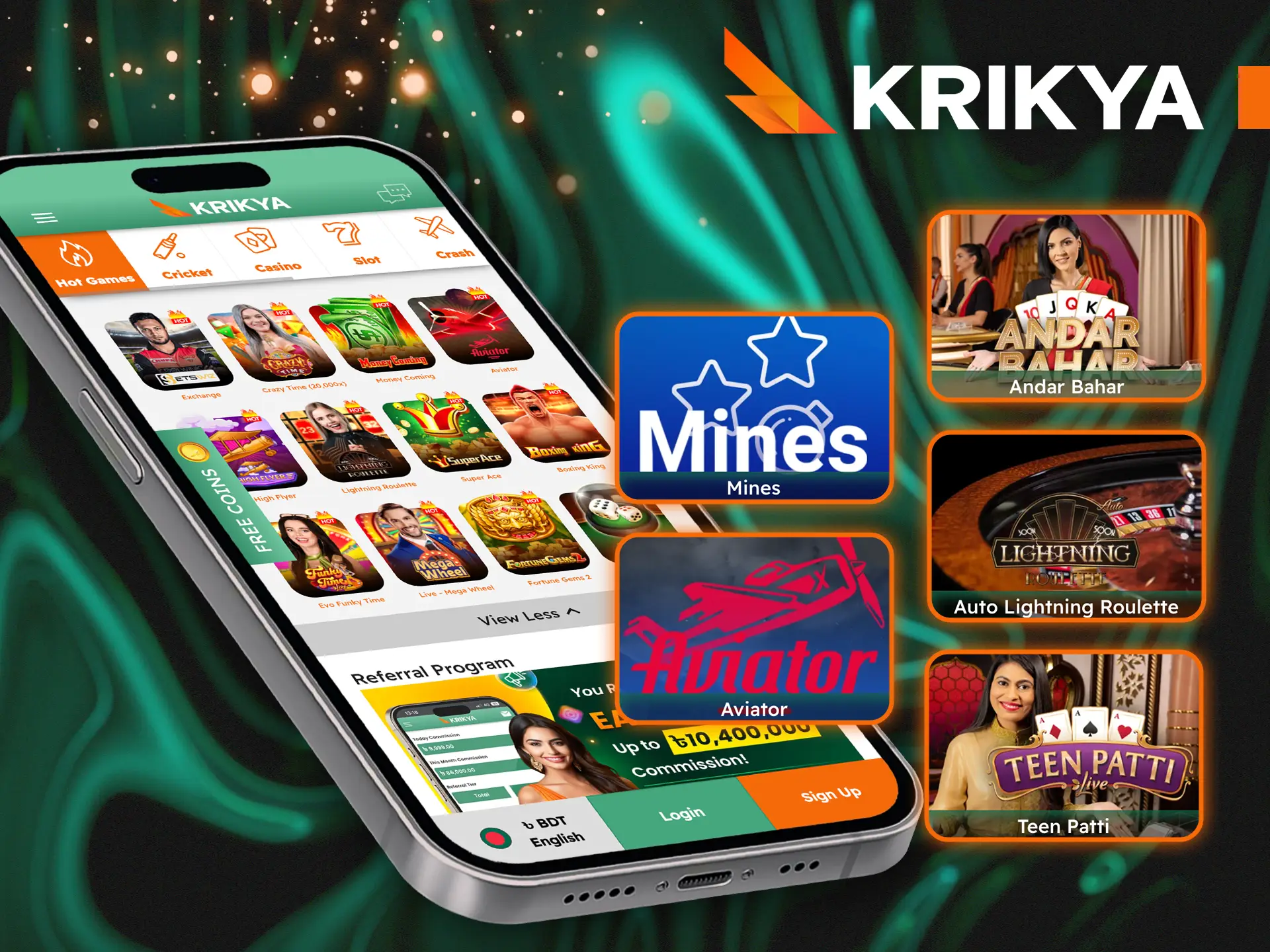 Explore a variety of casino games in the Krikya app.