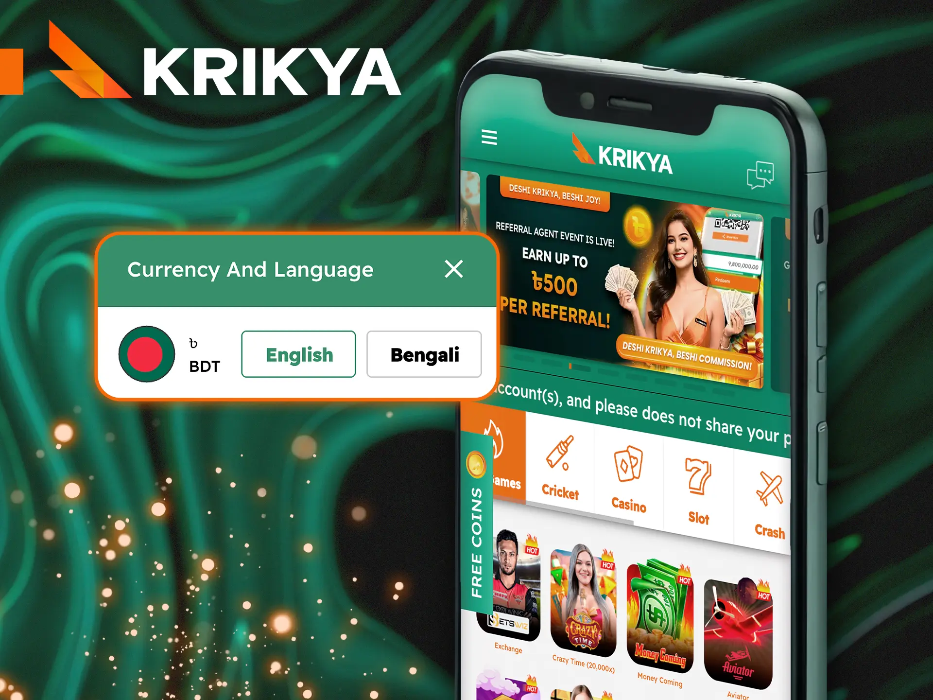 Set your language and currency in the Krikya app for a personalized experience.